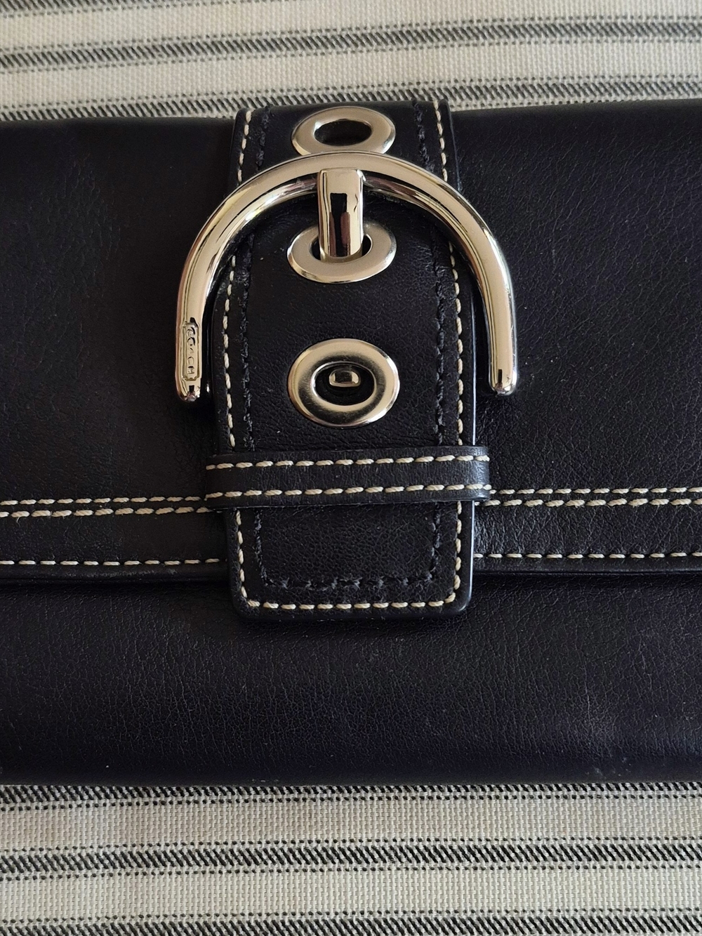 Coach Black Leather Wallet with Polished Silver Tone Buckle